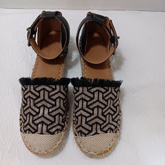 Crown Vintage Bonire 2 Women’s Sz 8.5 Black/Tan Sandal Ankle Strap Fringe Burlap - Picture 2 of 9